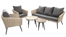 Lounge Set with sofa, two chairs and one coffeetable. With cushions. Round Brown Wicker