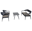 Lounge Set with one sofa, two chairs and one table. Charcoal grey colored aluminium frame and PE Wicker in Olive