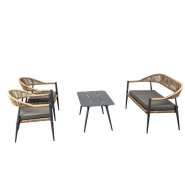 Puhkeala mööbli komplekt ühe diivani, kahe tooli ja ühe lauaga. Söehallis toonis alumiiniumraami ja naturaalses toonis, halli, oliivirohelise või meresinise polüpropüleenist köiega.