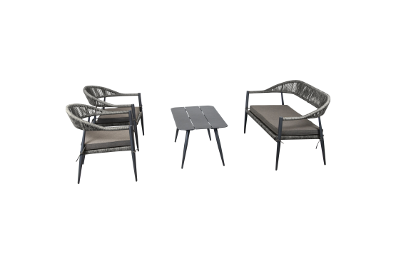 Lounge Set with one sofa, two chairs and one table. Charcoal grey colored aluminium frame and PE Wicker in Grey 