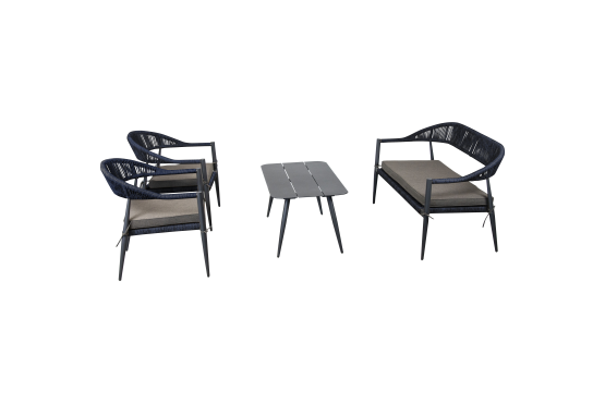 Lounge Set with one sofa, two chairs and one table. Charcoal grey colored aluminium frame and PE Wicker in Olive