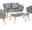 Lounge Set with sofa, two chairs and one coffeetable. With cushions. Grey wicker