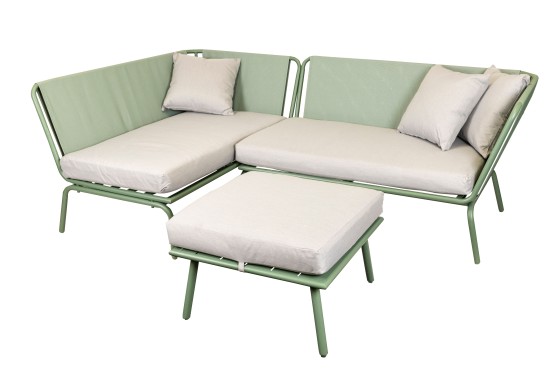 Hjørnesofa til udendørsbrug med aluminium ramme i grøn, og med lyse hynder. Sofabord inkluderet.