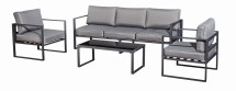 Lounge set for hotels and restaurants with one sofa, two chairs and sofa table with glass top. Dark Grey colored frame and light grey cushions.