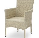 An ivory-colored terrace chair "Lorenzo" made of lightweight and weather-resistant Technorattan with a durable aluminum frame, perfect for elegant dining spaces.