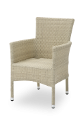 An ivory-colored terrace chair "Lorenzo" made of lightweight and weather-resistant Technorattan with a durable aluminum frame, perfect for elegant dining spaces.