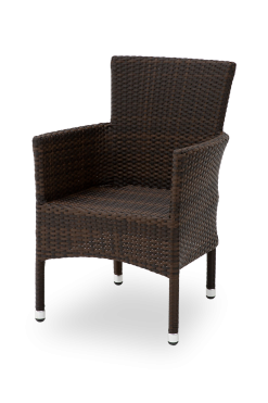 A brown terrace chair "Lorenzo" made of weather-resistant Technorattan with a sturdy aluminum frame, ideal for restaurants and cafés.