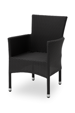 A black terrace chair "Lorenzo" crafted from durable and weather-resistant Technorattan with an aluminum frame, suitable for both indoor and outdoor use.