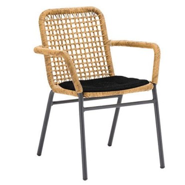 “HoReCa” Armchair for outdoor use in restaurants or cafes. Aluminium frame and PE Wicker in Natural Color. Black cushion included