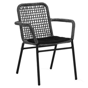 „HoReCa“ fotelis, skirta naudoti lauke restoranuose ar kavinėse. Aliuminio rėmas ir PE vytelės pilkos spalvos. Pridedama juoda pagalvė 