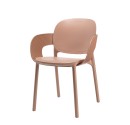 A caramel-colored chair with armrests and a ribbed texture on the sides, made of durable materials, suitable for use on restaurant and café terraces.