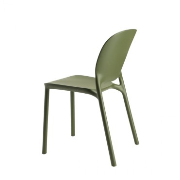 A moss green chair with a sleek, modern design, made of durable materials, suitable for use on restaurant and café terraces.