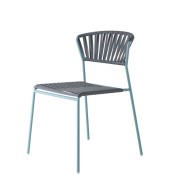  A stylish outdoor chair with a gray woven seat and backrest, paired with a light blue frame. Ideal for modern restaurant or café terraces.