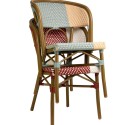 Stackable "Santa Cruz" terrace chairs in black/white, blue/beige, and red/white colors.