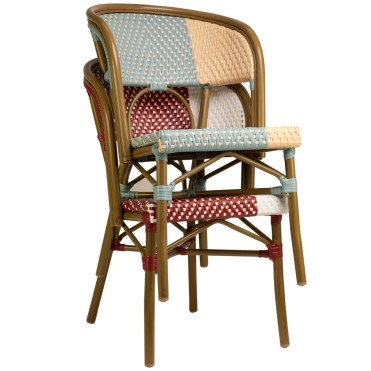 Stackable "Santa Cruz" terrace chairs in black/white, blue/beige, and red/white colors.