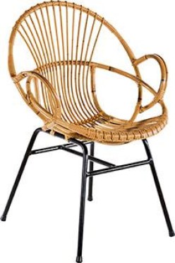 Restaurant chair for outdoor use. In black aluminium frame and natural colored “PE” Wicker. 