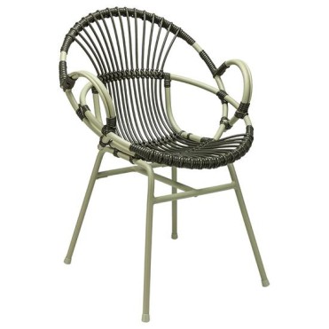 Armchair for outdoor use in restaurants and cafes. Aluminium frame and PE Wicker in olive green colors. 