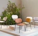 Presentation of seven restaurant and café chairs in different colored fabrics from the Italian company SCAB