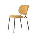 Restaurant Chair with black metal frame and mustard yellow fabric on seat and back. 