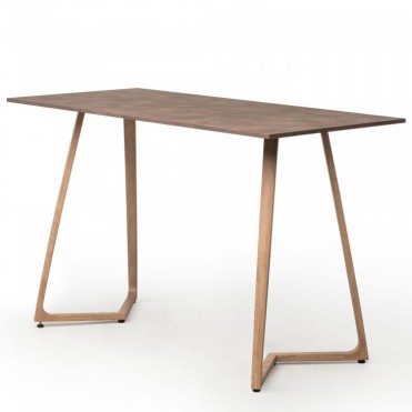 Party table with aluminium frame in Oak color and with tabletop in rust color 