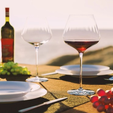 Burgundy wine glass on a restaurant table