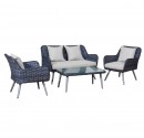 Lounge Set with sofa, two chairs and one coffeetable. With cushions. Grey wicker.