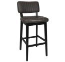 Barstool for restaurant with black wooden frame and anthracite colored artificial leather