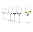 Set of six wine glasses, with one glass filled with white wine. Modern design with unique curvature and long stems