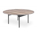 Round banquet table for hotels and restaurants. Black metal frame and tabletop in light wood. 