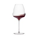 Burgundy wine glass filled with red wine, featuring a unique, elegant shape and long stem. Ideal for restaurants.