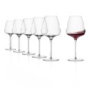 Set of six Burgundy wine glasses with a unique, elegant shape and long stems, one glass filled with red wine. Perfect for restaurants.