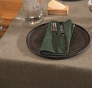 Galda klājums ar smilškrāsas galda celiņu un zaļu salveti.