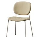 Caféstol. Hvide metalben. Beige kunstlæder på sæde og rygstøtte.