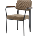 Krēsls ar roku balstiem restorānam. Melns metāla rāmis. PU āda brūnā krāsā uz sēdekļa un muguras.
