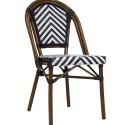 Black and white chevron pattern outdoor terrace chair with wood-look aluminum frame.