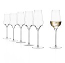 Set of six champagne glasses with a modern design, featuring long stems. One glass is filled with sparkling wine. Ideal for restaurants.