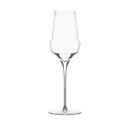 Elegant champagne glass with a unique shape, long stem, and modern design. Ideal for use in restaurants.