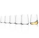 Set of six versatile glasses, one filled with white wine. Suitable for water, juice, or white wine. Ideal for restaurants, bars, and hotels.