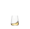 Glass with a modern design, partially filled with white wine. Suitable for water, juice, or white wine. Perfect for restaurants, bars, and hotels.