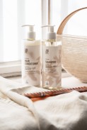 Two bottles with “Ecolabel” certified cosmetics for hotels