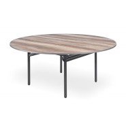 Round banquet table for hotels and restaurants. Black metal frame and tabletop in light wood. 