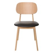 Natural wood colored café chair with black artificial leather on the seat. 