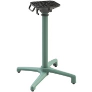 Green aluminum table base with four legs, designed for use on restaurant and café terraces. Features an auto-level system and hooks for hanging bags.