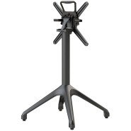 Black aluminum table base with four legs, designed for use on restaurant and café terraces. Features a flip mechanism for easy storage and hooks for hanging bags.