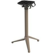 Khaki aluminum table base with three legs, equipped with an auto-level system and hooks for hanging bags.