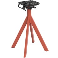 Orange aluminum table base with four legs for use on restaurant and café terraces. Features auto-level system and hooks for hanging bags.