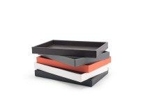 Welcome Trays in leather-look material. Stacked. Many colors
