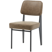 Restaurant chair with black metal frame. Seat and Back upholstered with articificial leather in a brown color.