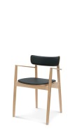 Armchair for café. Light colored wooden frame with black artificial 
