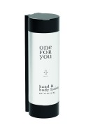 Refillable One for You hand & body lotion dispenser for hotels, mounted in a sleek black wall holder. 320ml white bottle designed for modern hospitality.